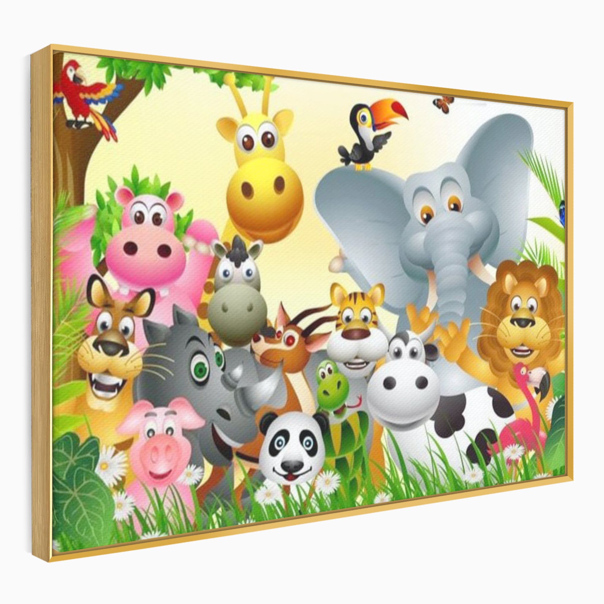 Tablou canvas cu tablou canvas cu animale din jungla, in rama de aluminiu auriu